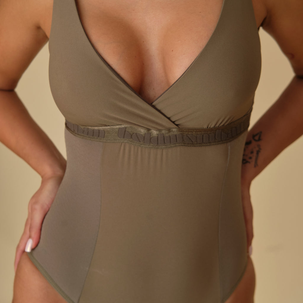 Aura olive green nursing bodysuit with crossed V-neck for breastfeeding, fronw view