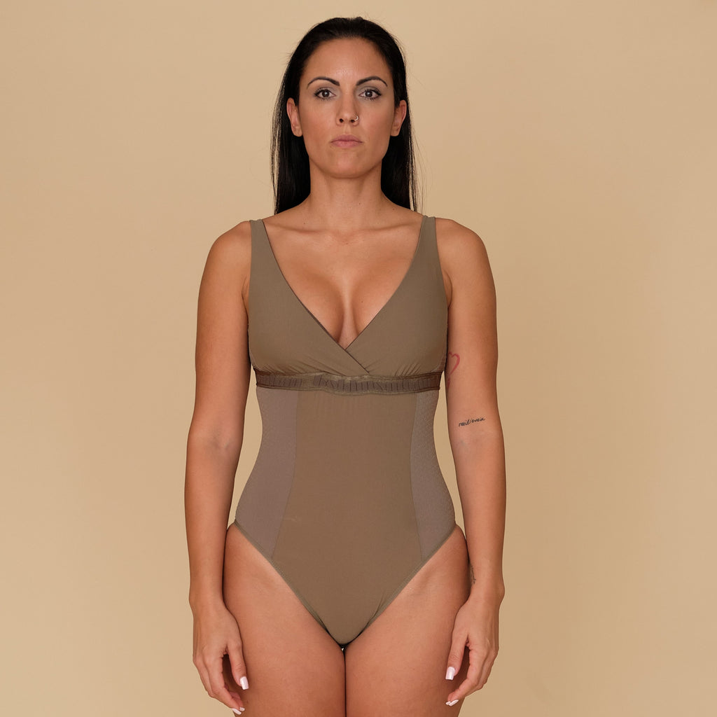 Aura olive green nursing bodysuit with crossed V-neck for breastfeeding, made in Spain