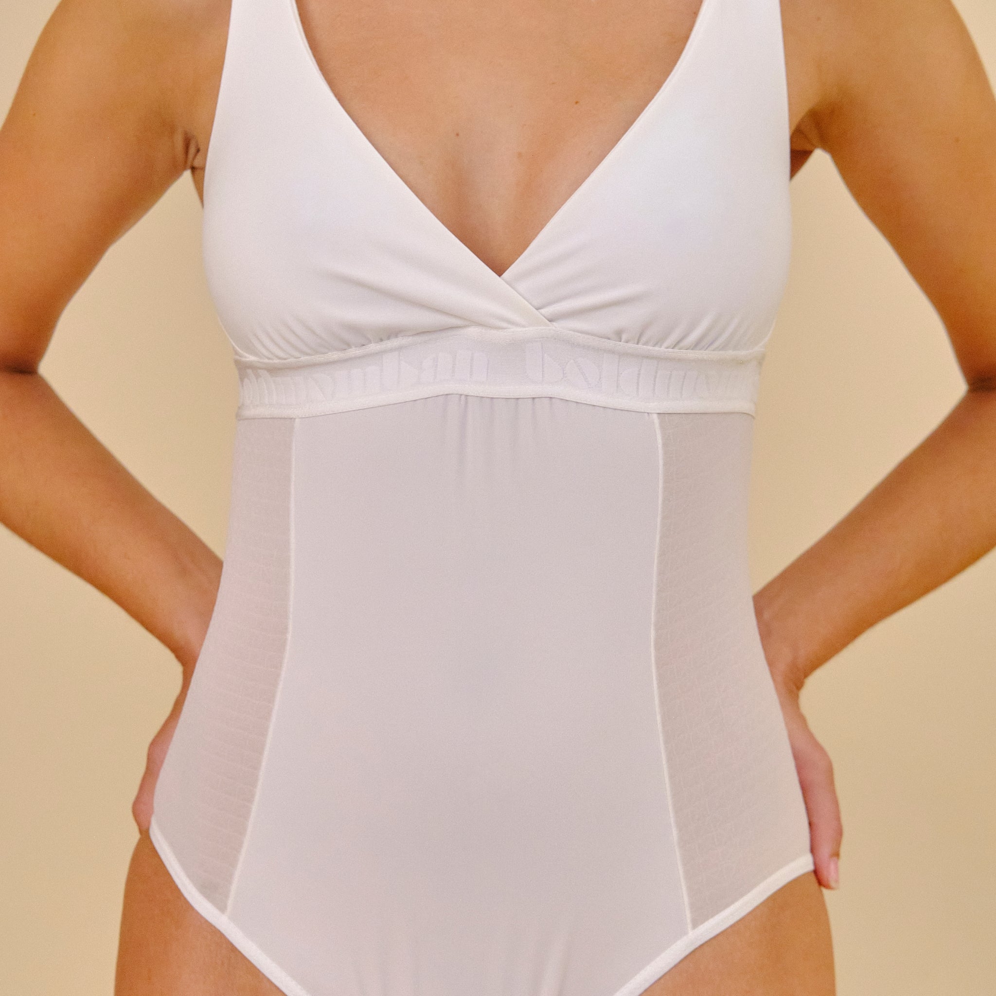 Aura white maternity and nursing bodysuit front view