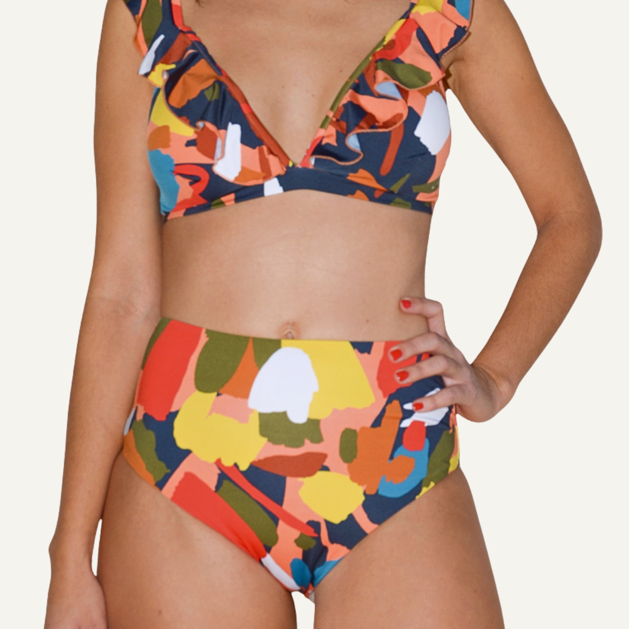 Vini multicolor maternity and nursing bikini with ruffle detail, sustainable fabrics, made in Spain