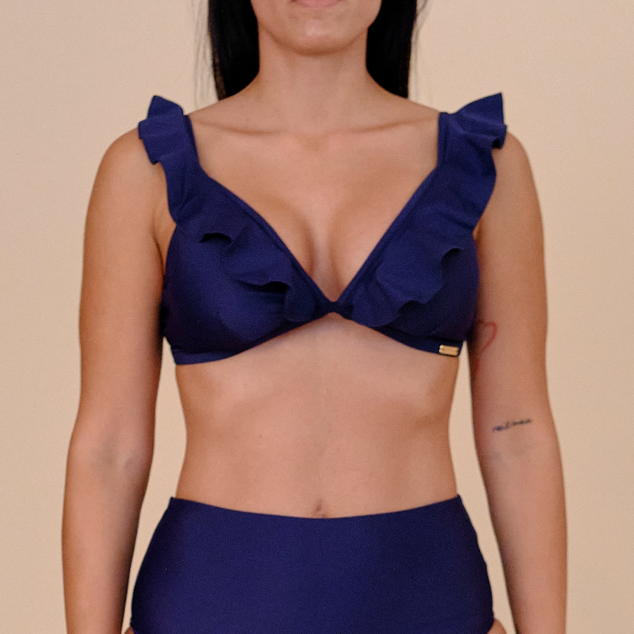 Vini navy maternity and nursing bikini top with ruffle straps in recycled fabric.