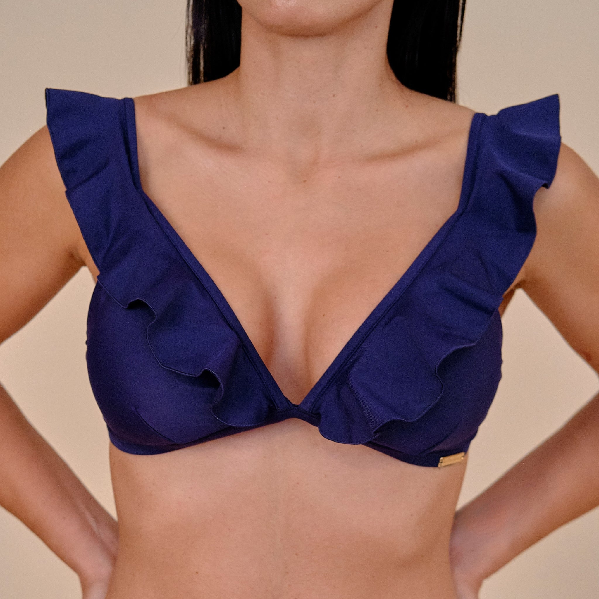 Vini navy maternity and nursing bikini top with ruffle straps in recycled fabric, made in Spain