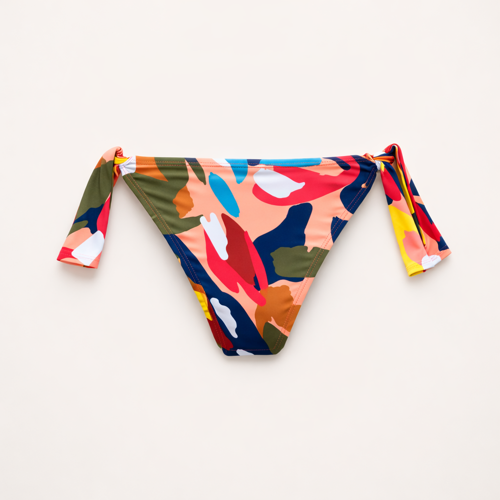 Colorful bikini bottom with abstract pattern on a light beige background